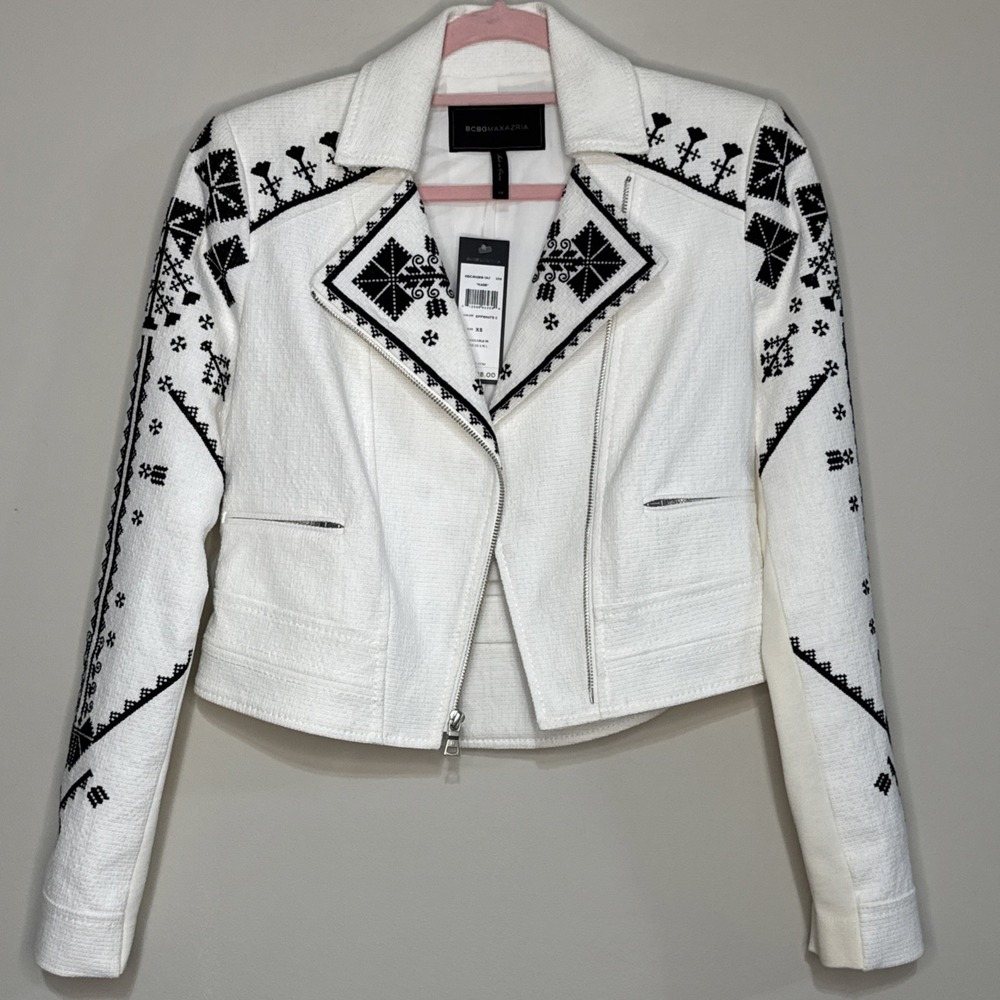 BCBG Max Azria Off White Combo Kade Embroidered Moto Jacket Size XS NWT FLAWED